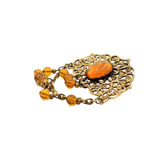 Cabochon Amber Brooch Pin Antiqued Gold Jelly Beaded Chain Dangle Vintage Bin5A - Picture 6 of 12